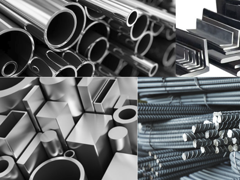 Steel pipes, angle bars and rebar representing metal and steel trading